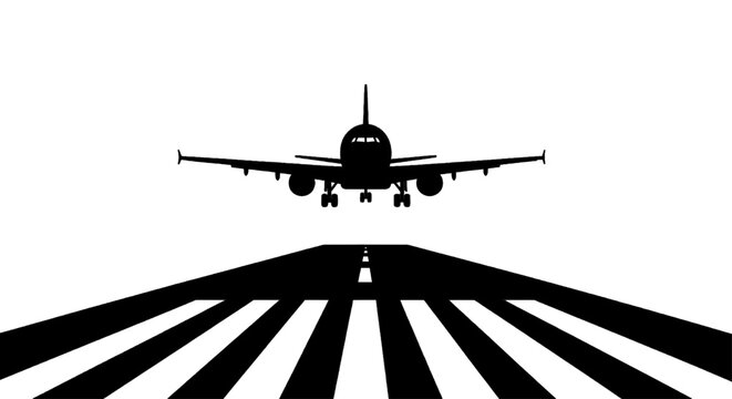 Vector illustration of airplane landing on runway silhouette on a transparent background