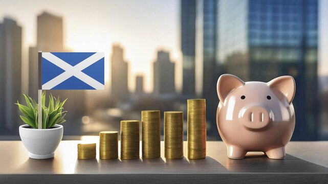 A glossy pink piggy bank stands beside neatly stacked gold coins increasing in height, symbolizing savings, financial planning, and investment growth. A small Scottish flag placed in a plant pot sits on a desk with a blurred modern city skyline in the background, representing Scotland's financial sector, economic activity, and opportunities for investment and wealth creation within a modern urban business environment. AI generated