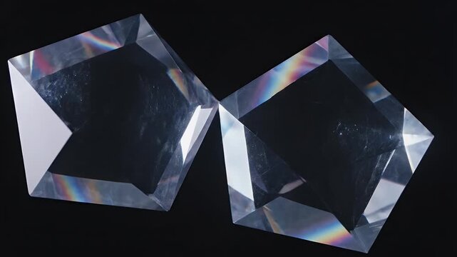 Two Clear Pentagonal Prisms Reflecting Light and Creating Lens Flares on a Dark Background.