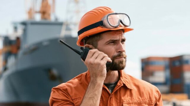 Male industrial worker in orange safety uniform and helmet using walkie talkie at shipping port with cargo ship and container background on bright day