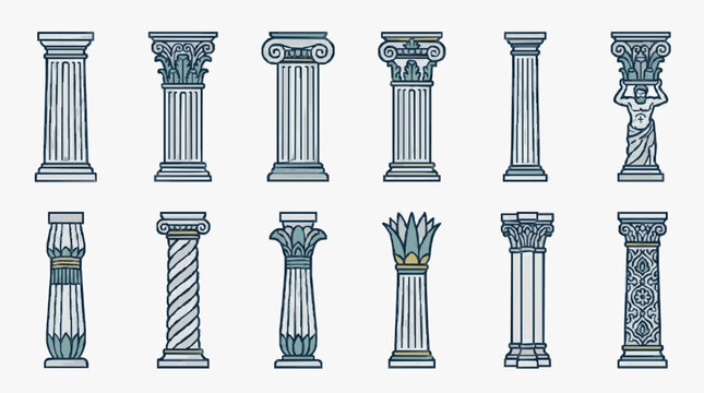 Dynamic Collection of Classic Architectural Columns with Detailed Designs and Variations in Monochrome