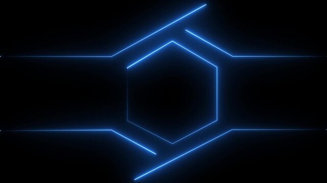 Blue color neon hexagon line on black background. Seamless loop animation video