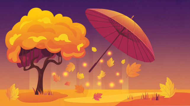 Autumn scene with a tree losing leaves and an umbrella blowing in the wind representing fall weather and seasonal change