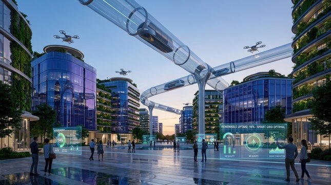 A futuristic cityscape showcases a network of elevated transparent tubes transporting autonomous vehicles and drones.  Buildings with sleek, modern designs and abundant greenery dominate the scene.