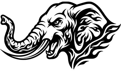 Obraz premium Stylized Elephant Head Illustration with Tribal Tattoo Inspired Decorative Line Art