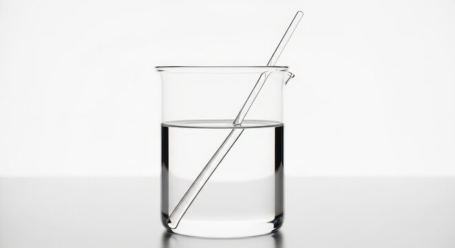 Glass beaker with clear liquid and stirrer.