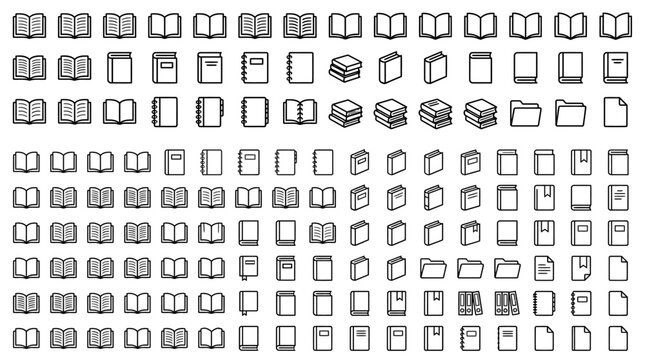 Extensive collection of black and white book icons in multiple open, closed, and stacked styles for libraries, education, and reading visuals