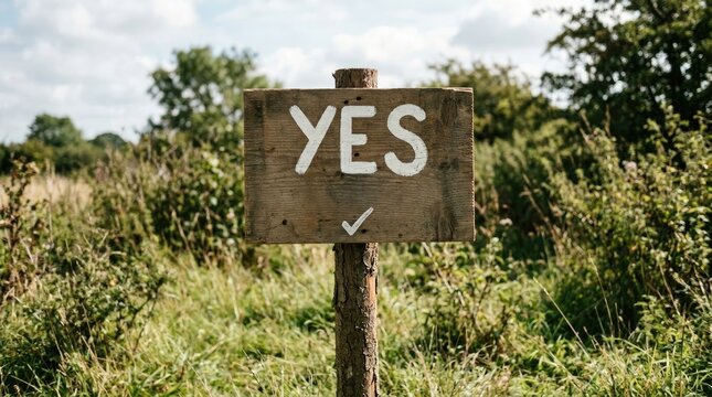 A weathered wooden sign stands in a field, displaying the word "YES" in large, white letters. A small checkmark is also visible.