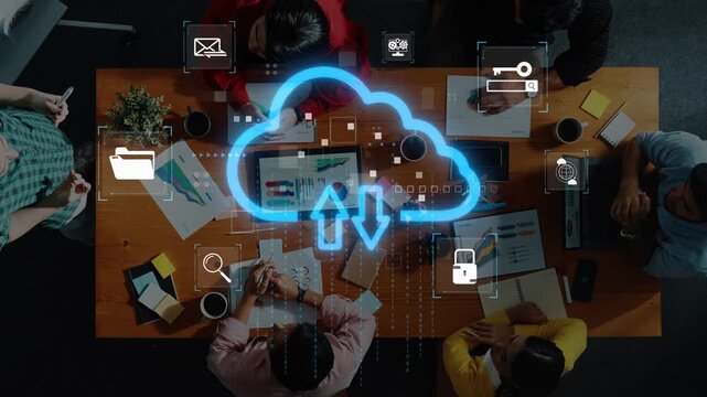 A dynamic team collaborates in a modern office setting, utilizing cloud computing and digital tools, showcasing teamwork and innovative strategies for effective outcomes. Raster