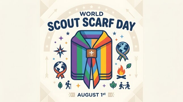 World Scout Scarf Day August 1st celebration flat vector illustration with rainbow neckerchief and camping icons
