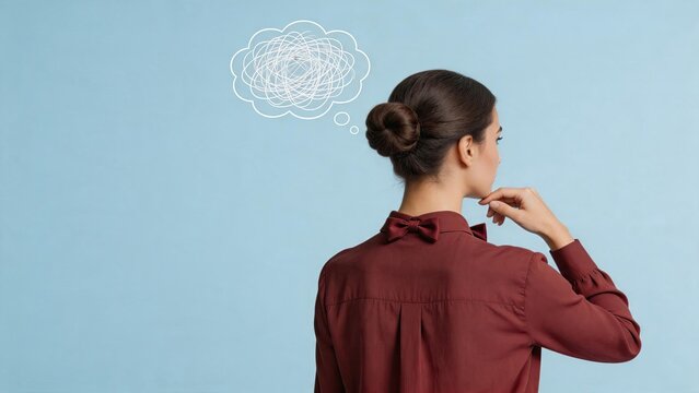 Rear view of confused woman thinking about complex problem, messy scribble thought bubble above head, symbolizing mental block or difficult decision making