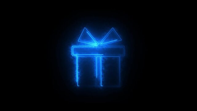 Glowing Neon Gift Box Icon with Blue Light Effect for Celebration and Surprise Concept on Dark Background.