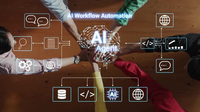 Conceptual Illustration of AI Workflow Automation with Graphic Elements Depicting AI Agents and Data Processing on a Wooden Background. Entropy.