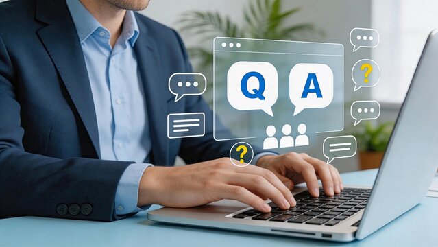 Customer support agent typing on laptop with Q&A chat icons, online help desk service and technical assistance communication concept.