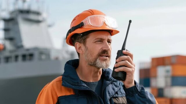 Industrial worker in safety helmet using walkie talkie at shipping port near cargo ship and container stack during daytime operation