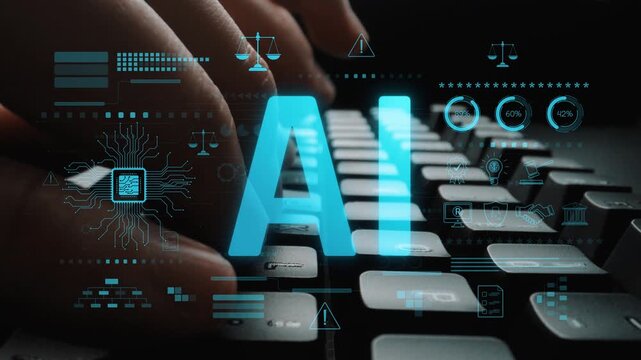 AI circuit microchip with glowing blue lines, surrounded by legal scales, warning symbols, data sheets, and binary codes, representing ethical AI, AI governance, and data integrity Marrow