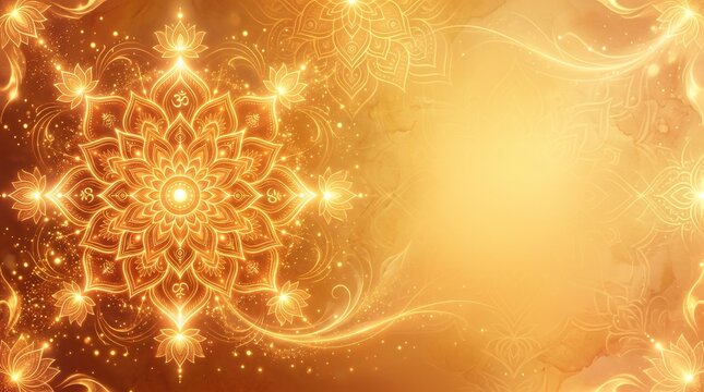 Abstract lotus mandala textures, saffron and gold gradients with ethereal glow effects, premium spiritual background