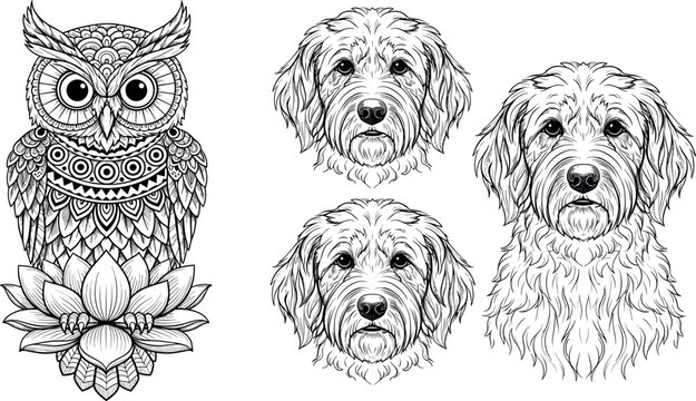 Intricate Zentangle Owl on Lotus Flower and Fluffy Goldendoodle Dog Portrait Line Art Vector Set for Artistic Tattoo Graphic Designs