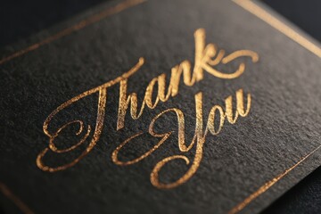 Fototapeta premium Elegant black greeting card with gold foil 'Thank You' on a velvet surface