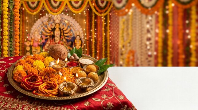 Dussehra and Durga Puja, ceremonial offering tray with sacred threads, marigold petals and small brass lamps on an elegant festive background