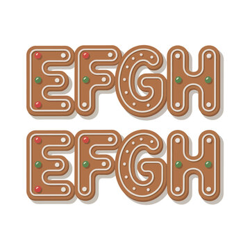 Festive gingerbread alphabet letters efgh decorated with colorful icing and sprinkles for christmas holiday baking and seasonal typography