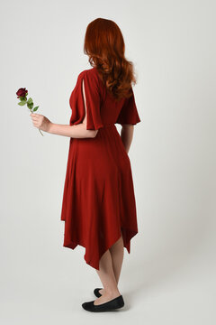 Full length portrait of beautiful redhead model wearing elegant red modern dress. standing pose, walking away facing backwards, holding a romantic red rose, isolated figure studio background