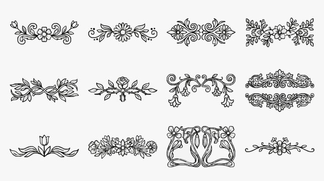 Creative Black and White Floral Ornamental Border Decorations and Monogram Initials Illustrations