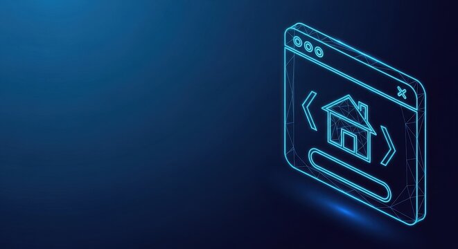 Futuristic wireframe browser window displaying a home icon, representing online real estate or web development