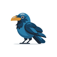 Obraz premium Cute cartoon raven with blue feathers and orange beak isolated on white background, for children books, or educational projects