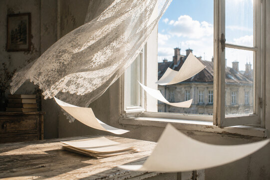 Sheets of paper flying through an open window in sunlight