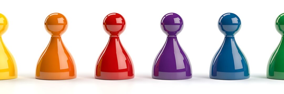 Colorful pawn game pieces isolated on white background. Strategy, teamwork, leadership and business planning concept.