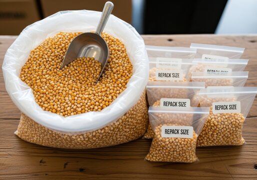 Bulk Popcorn Kernels in Large Bag with Metal Scoop and Small Repack Size Plastic Pouches on Wooden Table