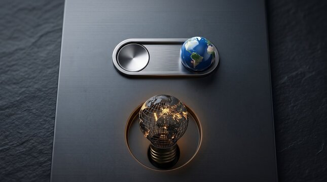 Global energy switch concept featuring a glowing earth lightbulb and toggle ui control on a sleek dark metallic surface to represent sustainable power