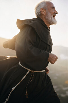 Elderly monk running joyfully in warm evening light