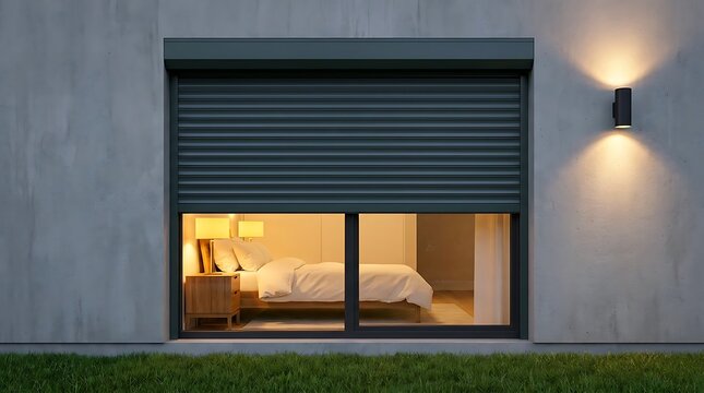 Modern exterior shot shows house window at night with warm glowing interior lights and roll down shutters half open revealing cozy bedroom setup with bed and wooden nightstand.