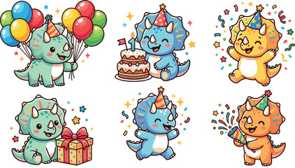 Cute triceratops dinosaur cartoon characters birthday sticker set with balloons cake gift and confetti vector illustration for kids party branding © AntarChandra