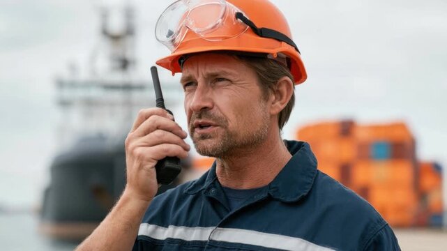 Male industrial worker wearing orange safety helmet and protective goggles communicating with walkie talkie at busy shipping port with cargo containers and ship in background