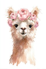 Fototapeta premium Adorable alpaca character with a bouquet of pink blossoms on the head, watercolor art on a plain white surface