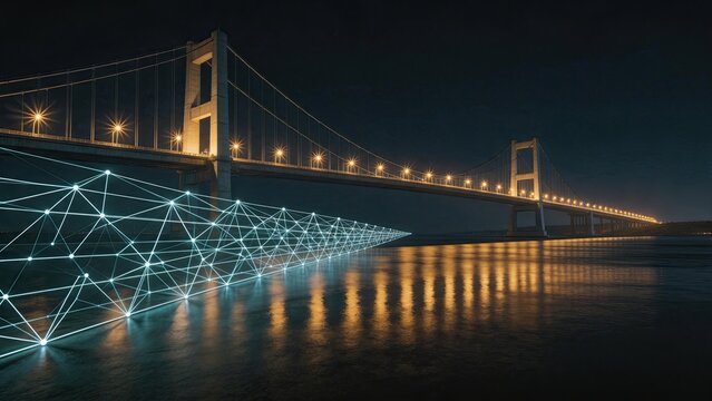 Futuristic digital network overlay on suspension bridge at night, smart city infrastructure, IoT connectivity, data flow visualization, telecommunications technology