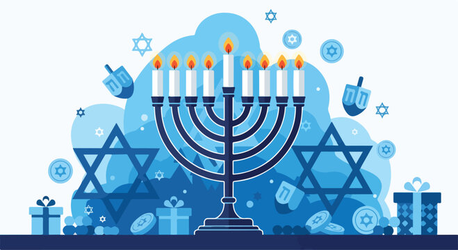 A menorah with lit candles surrounded by Hanukkah symbols