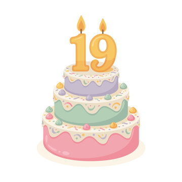 Three-tier birthday cake with number nineteen candles, pastel purple, green, and pink frosting, and colorful sprinkles, isolated on white background