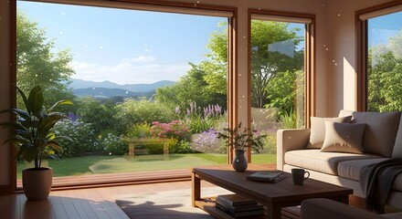Fototapeta premium A serene living room with a comfortable couch and wooden coffee table overlooks a lush garden and mountainous landscape through large windows.