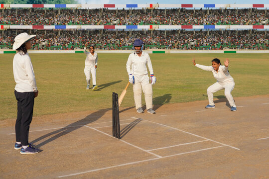 Cricketers in action during a match appeal for a decision