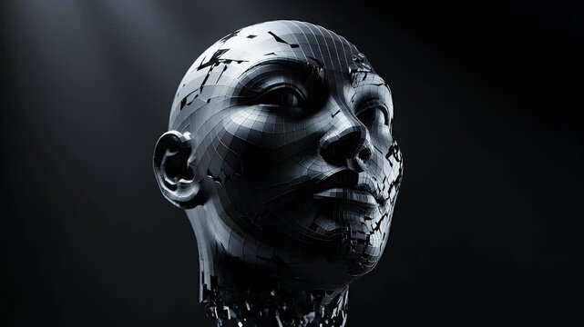 Abstract 3D Render of a Damaged Humanoid Head with Cracks and Scars on a Dark Background.