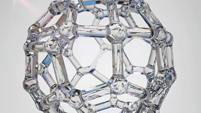 Close-up of a Clear Glass Buckminsterfullerene Model Rotating on a White Background.