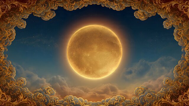 Golden full moon with oriental cloud frame for Mid-Autumn festival background