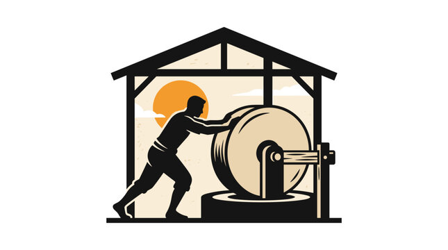 Man pushing large millstone inside a building.
