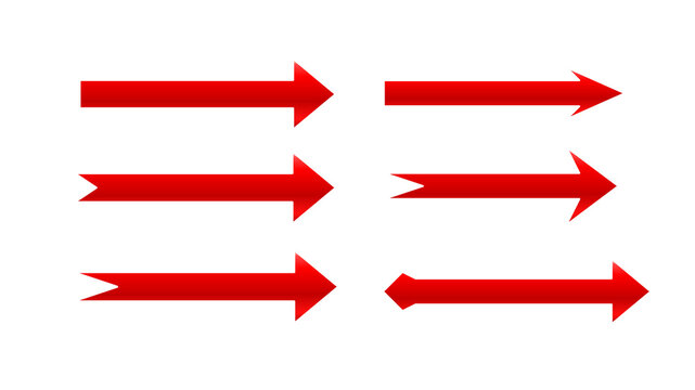 PNG image&nbsp;collection of six vibrant red digital arrow shapes pointing to the right, designed as simple icons on transparent background.