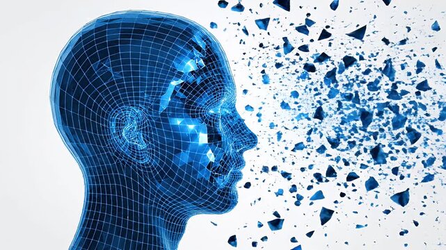 Digital Human Head Disintegrating into Particles, Artificial Intelligence Concept.