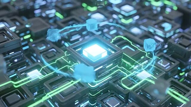 Futuristic abstract background with glowing cubes and digital circuit patterns